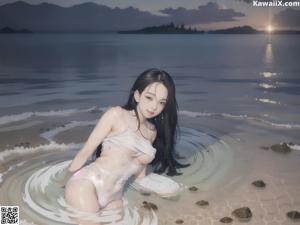 A woman in a white bathing suit sitting in the water.